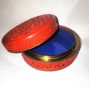Antique Round Chinese Cinnabar Box w/ Carved Blue Enamel Brass 19th century